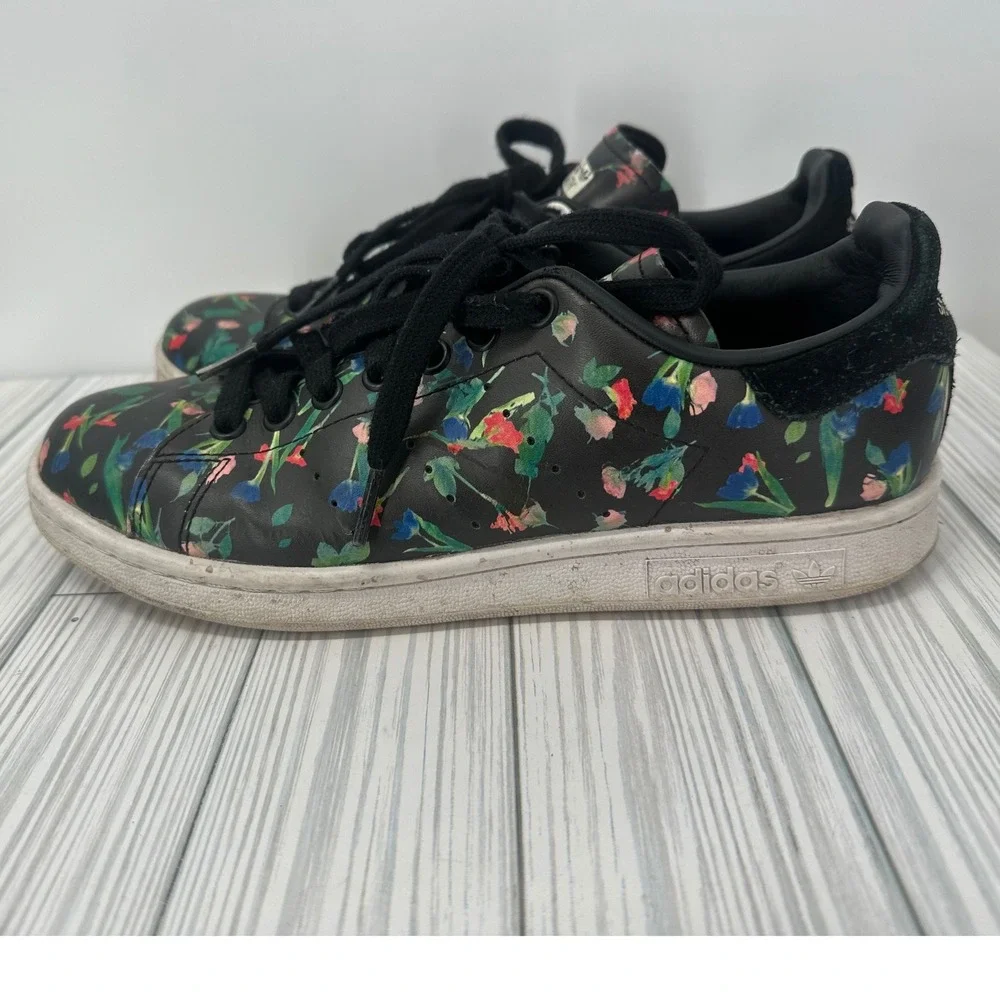 Adidas Original Stan Smith Shoes Women's 7.5 Black Floral‎ Print Sneakers EE4893